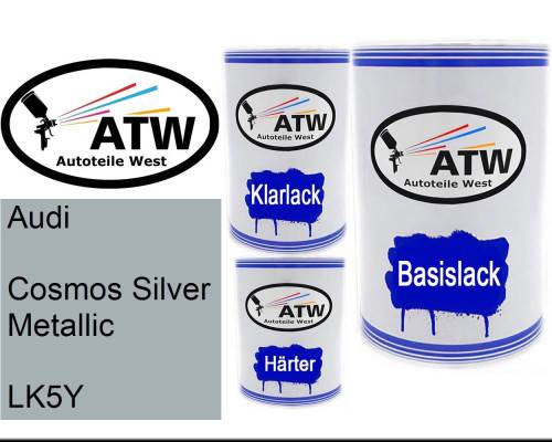 Audi, Cosmos Silver Metallic, LK5Y: 500ml Lackdose + 500ml Klarlack + 250ml Härter - Set, von ATW Autoteile West.